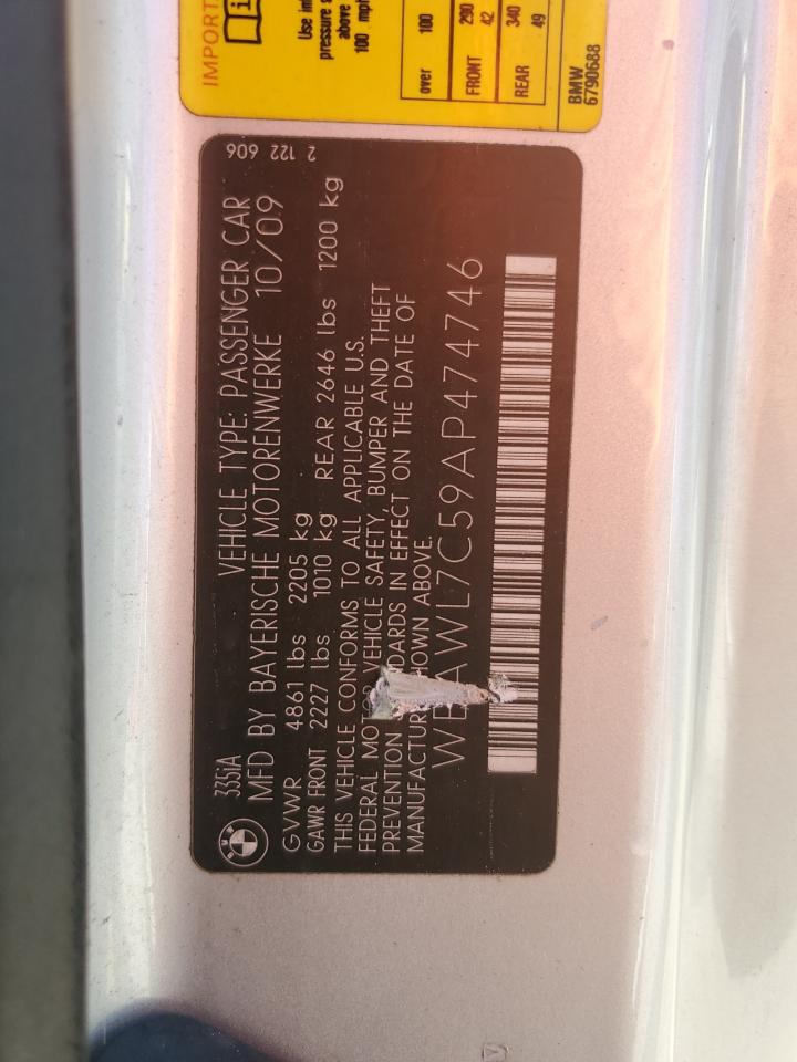 2010 BMW 335 I VIN: WBAWL7C59AP474746 Lot: 65163915