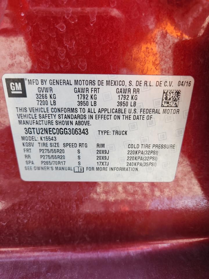 2016 GMC Sierra K1500 Slt VIN: 3GTU2NEC0GG306343 Lot: 64228715