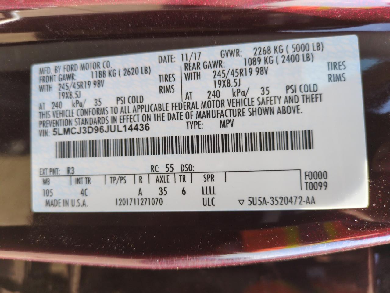 2018 Lincoln Mkc Reserve VIN: 5LMCJ3D96JUL14436 Lot: 63659955