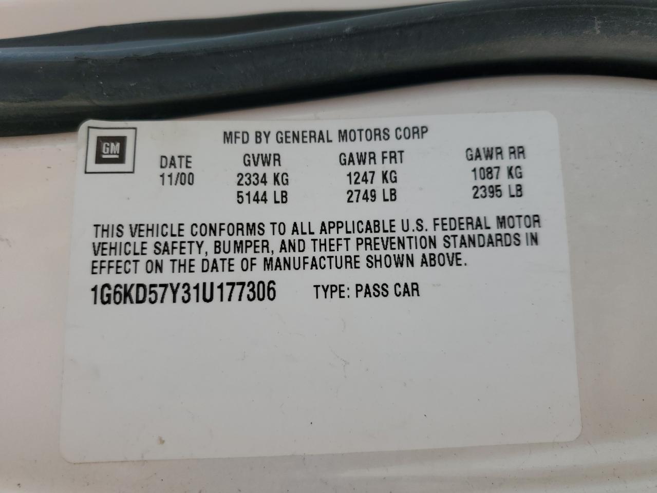 2001 Cadillac Deville VIN: 1G6KD57Y31U177306 Lot: 67041735