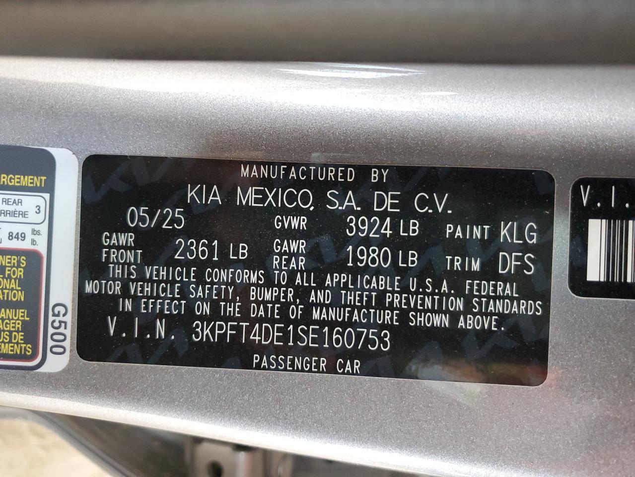 2025 Kia K4 Lx VIN: 3KPFT4DE1SE160753 Lot: 65177435
