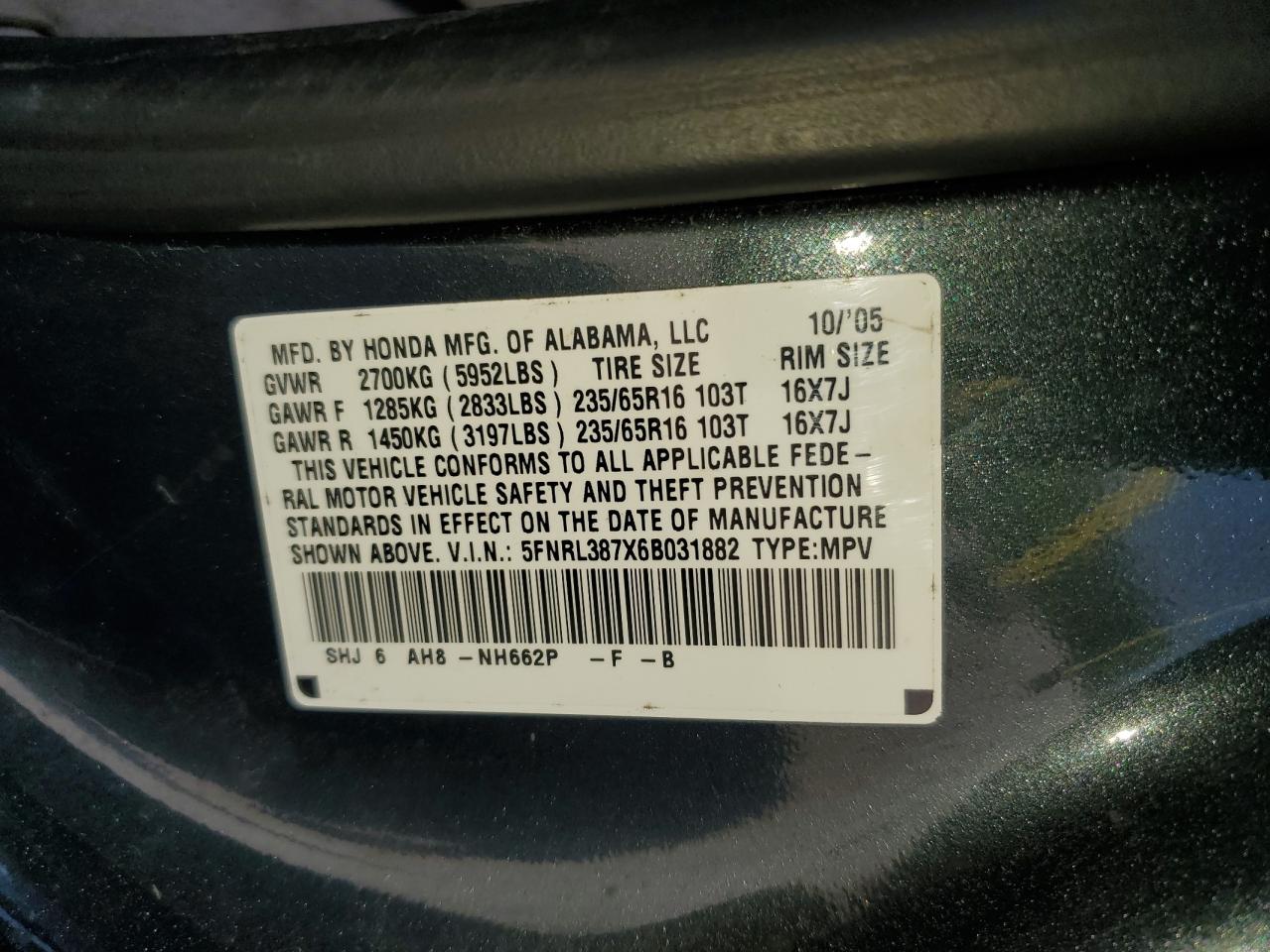 2006 Honda Odyssey Exl VIN: 5FNRL387X6B031882 Lot: 65893945