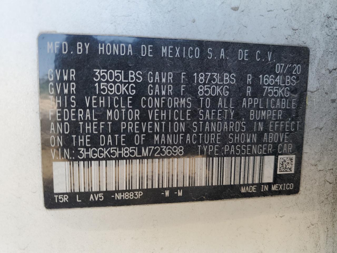 2020 Honda Fit Ex VIN: 3HGGK5H85LM723698 Lot: 65628075