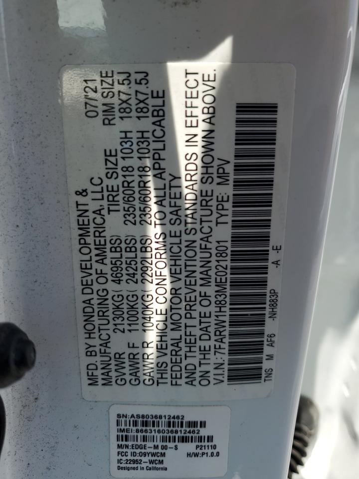2021 Honda Cr-V Exl VIN: 7FARW1H83ME021801 Lot: 64666515