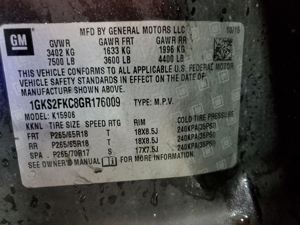 2016 GMC Yukon Xl K1500 Sle VIN: 1GKS2FKC8GR176009 Lot: 66718065