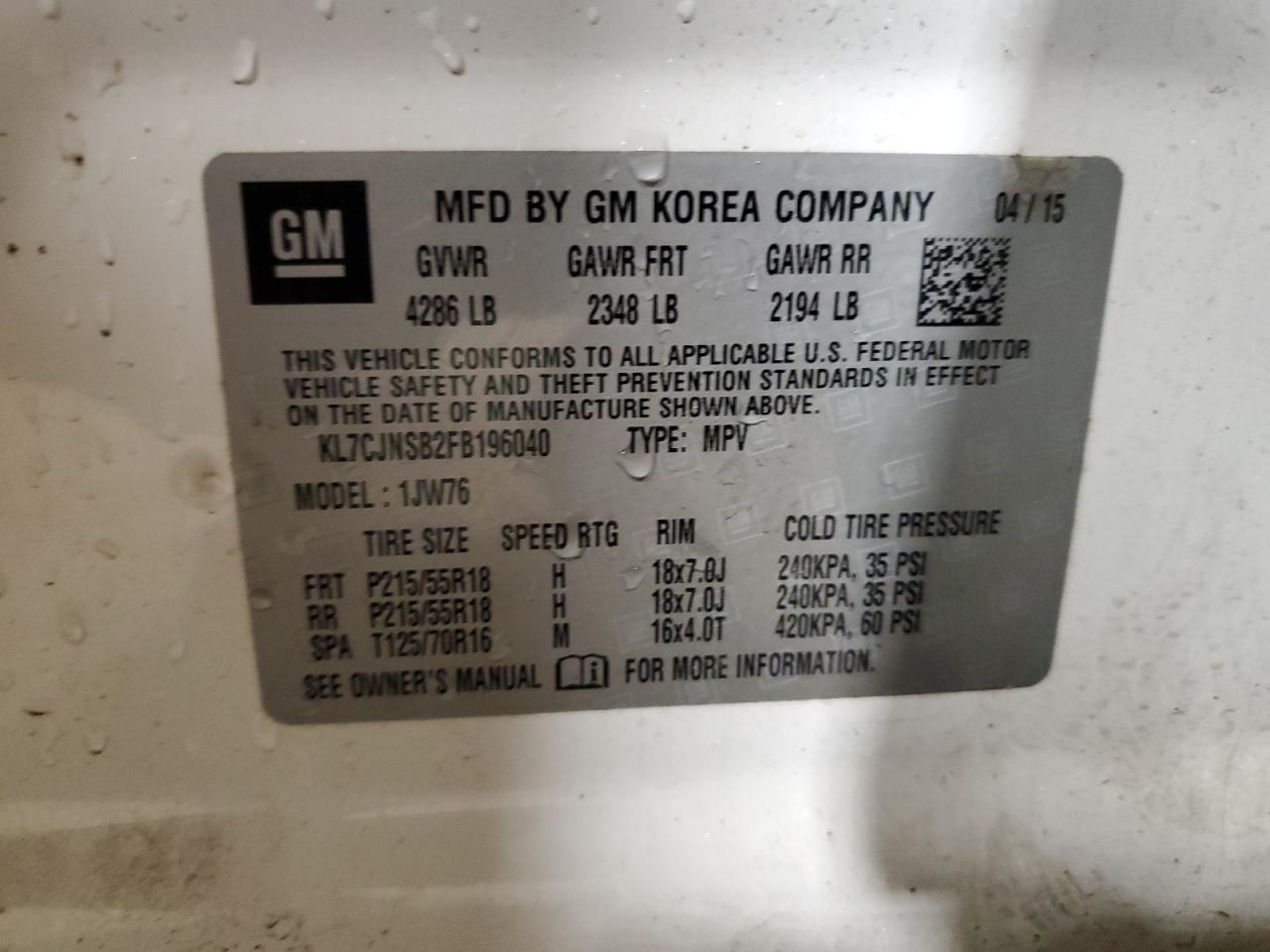 2015 Chevrolet Trax Ltz VIN: KL7CJNSB2FB196040 Lot: 62353415