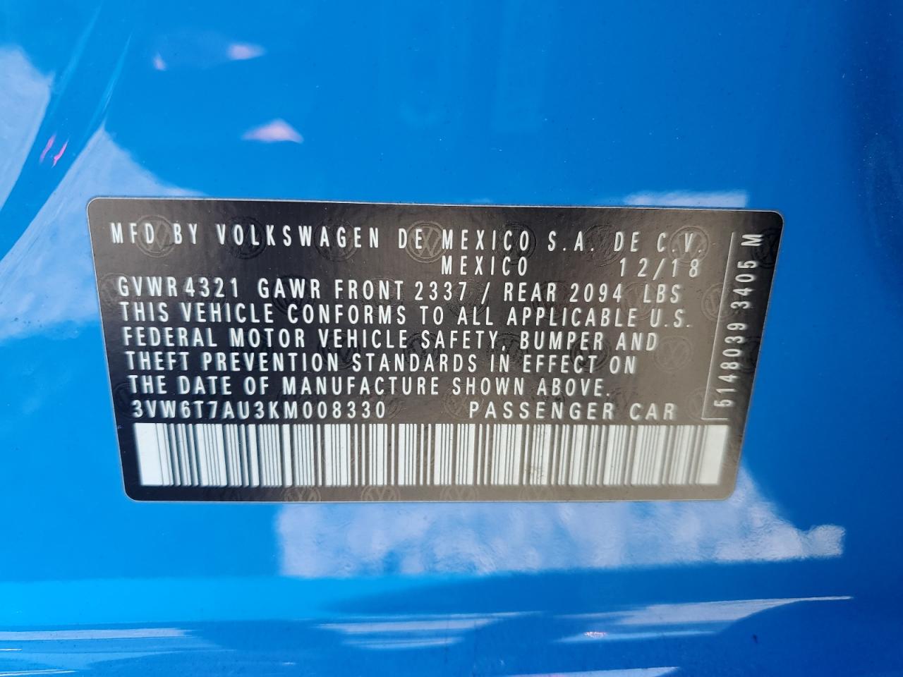 2019 Volkswagen Gti S VIN: 3VW6T7AU3KM008330 Lot: 64900825