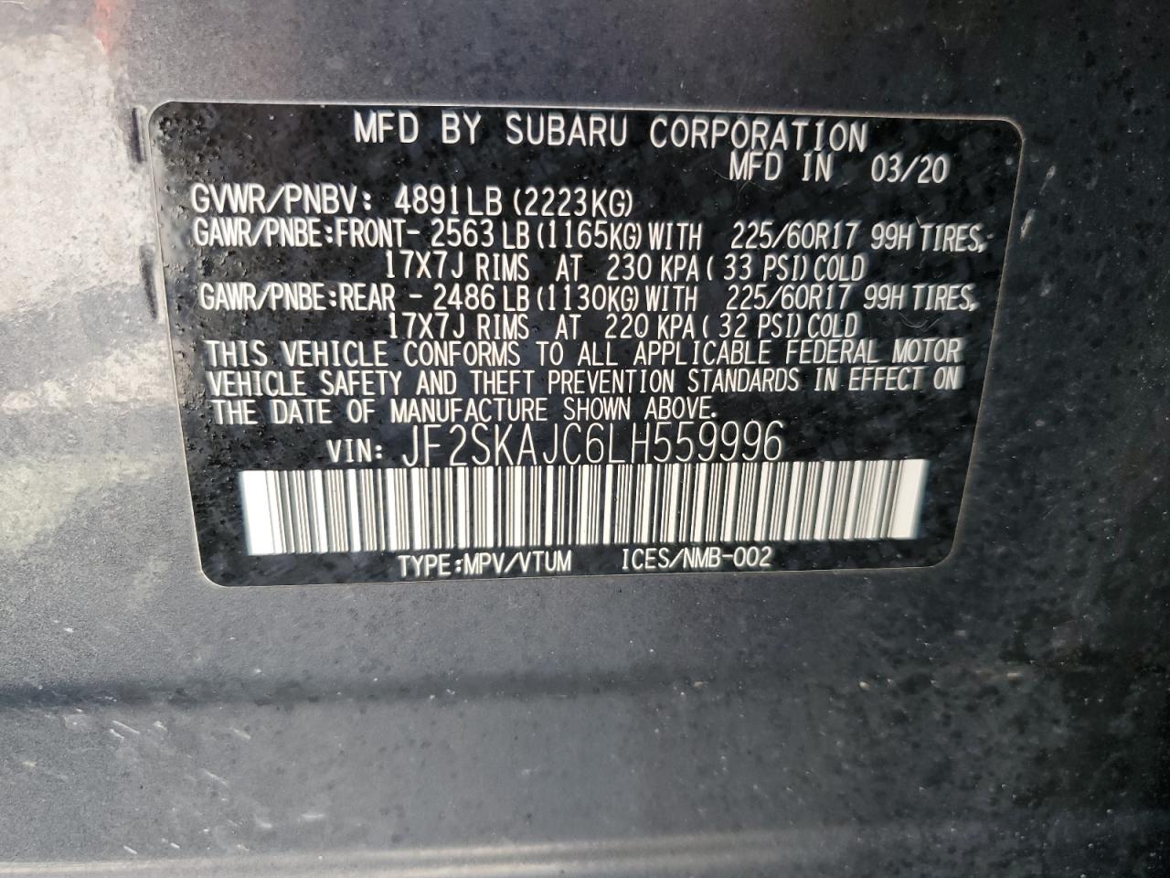 2020 Subaru Forester Premium VIN: JF2SKAJC6LH559996 Lot: 63374965