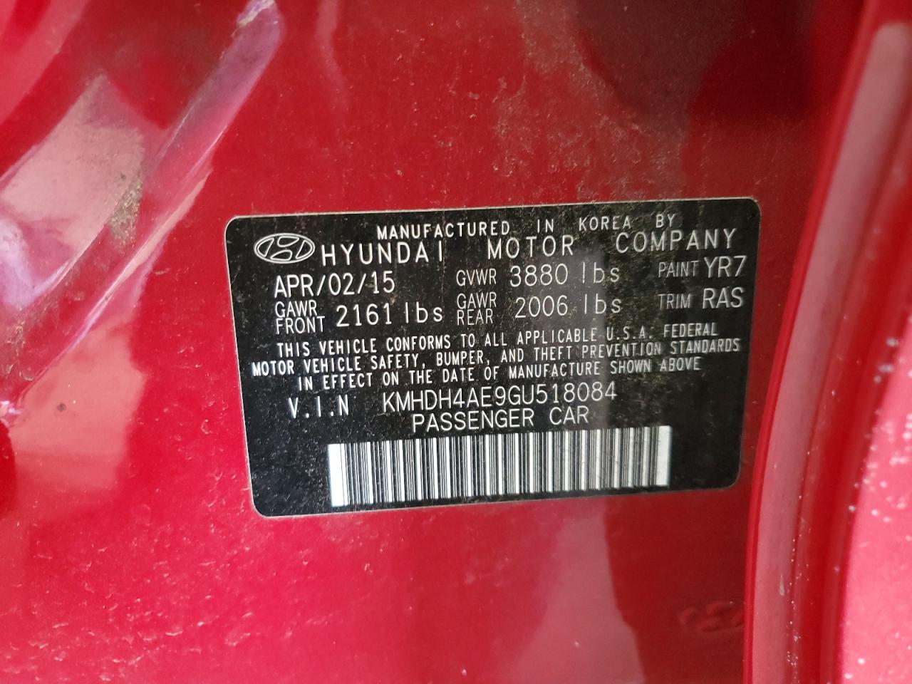 2016 Hyundai Elantra Se VIN: KMHDH4AE9GU518084 Lot: 62927105