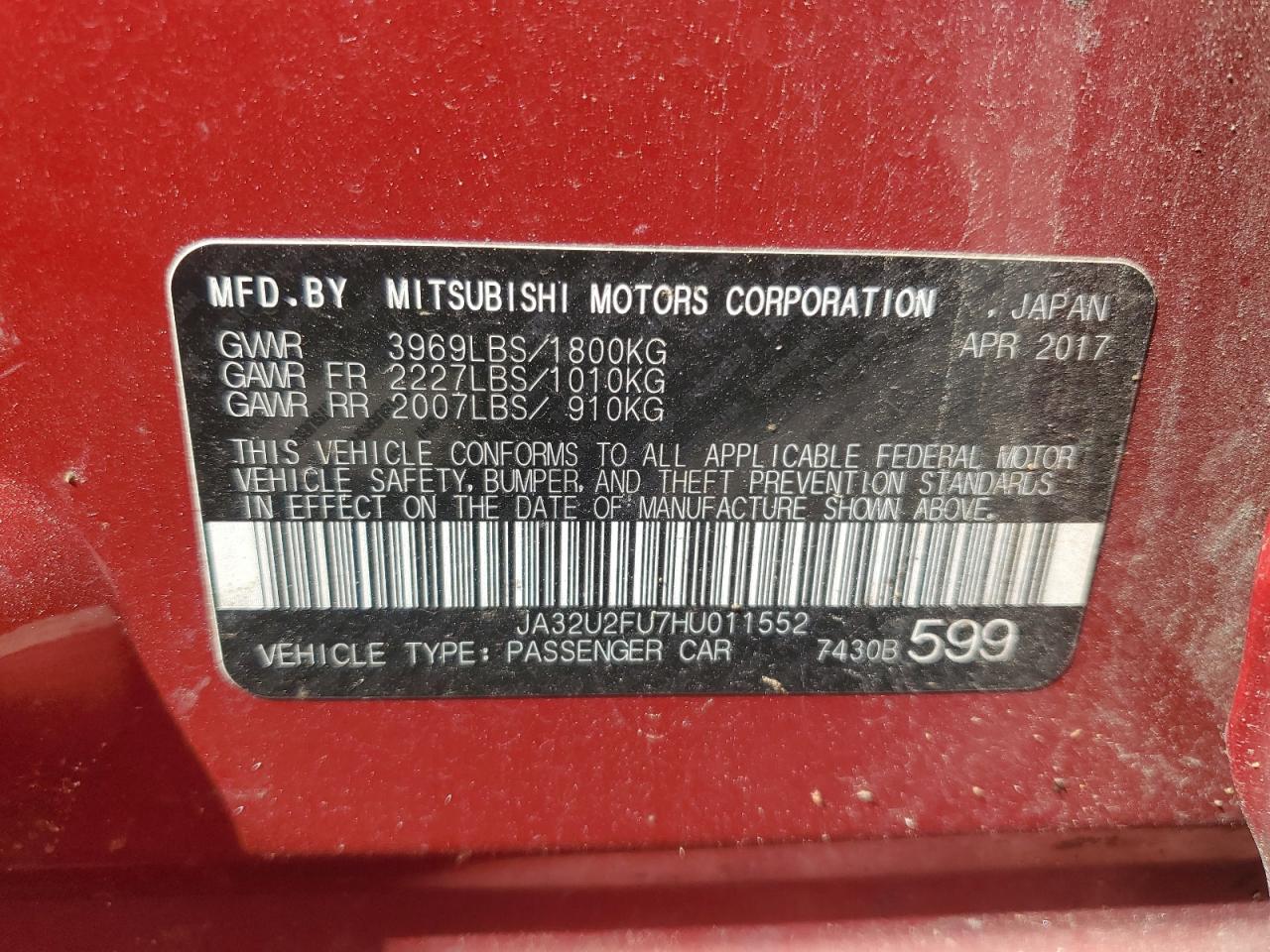 2017 Mitsubishi Lancer Es VIN: JA32U2FU7HU011552 Lot: 63818655