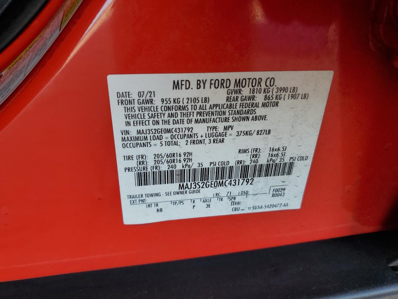 2021 Ford Ecosport Se VIN: MAJ3S2GE0MC431792 Lot: 66760405