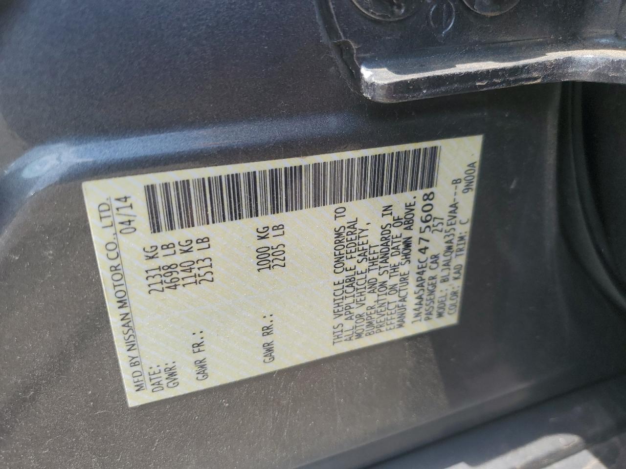 2014 Nissan Maxima S VIN: 1N4AA5AP4EC475608 Lot: 63030135