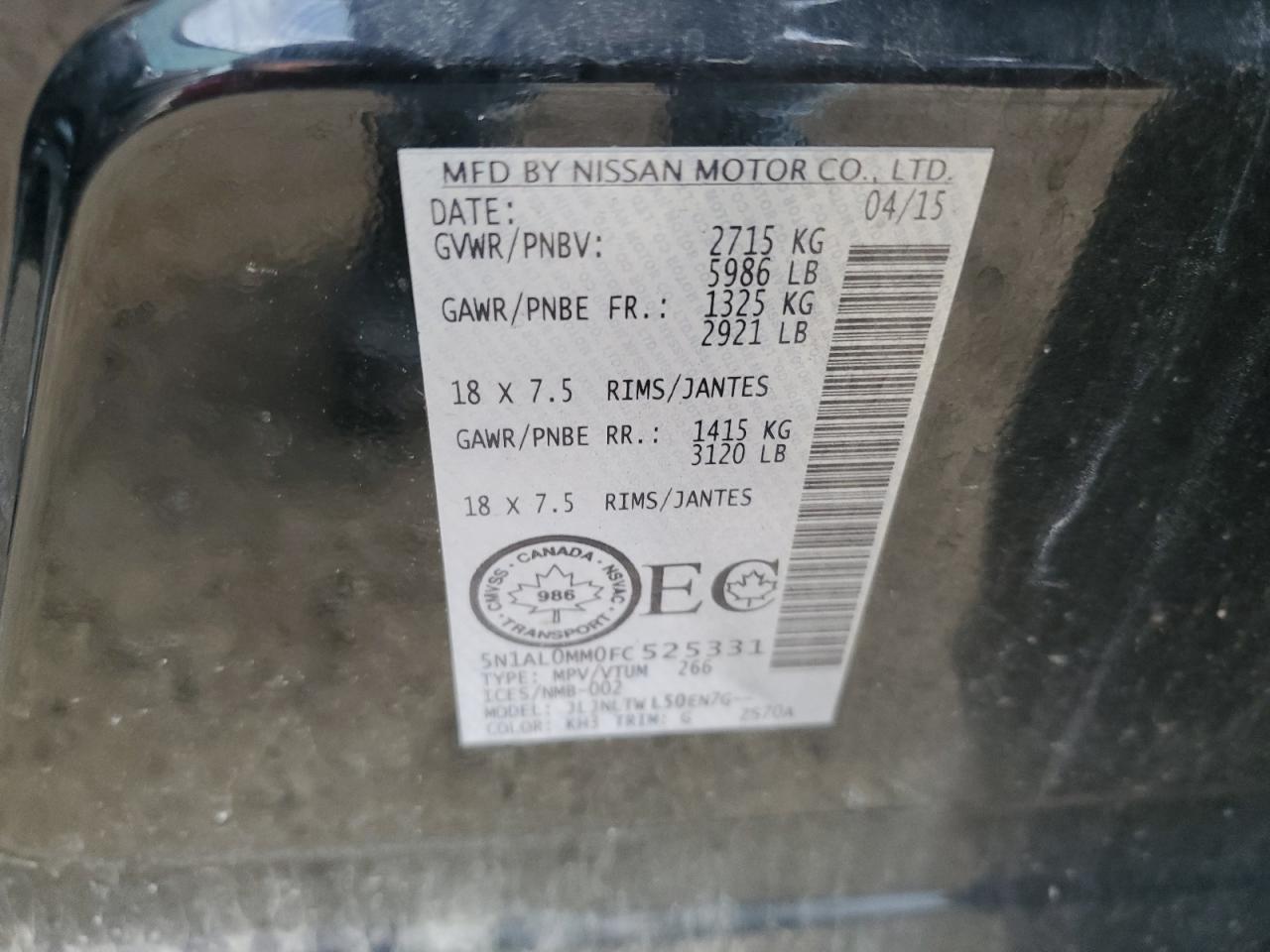 2015 Infiniti Qx60 VIN: 5N1AL0MM0FC525331 Lot: 65431525