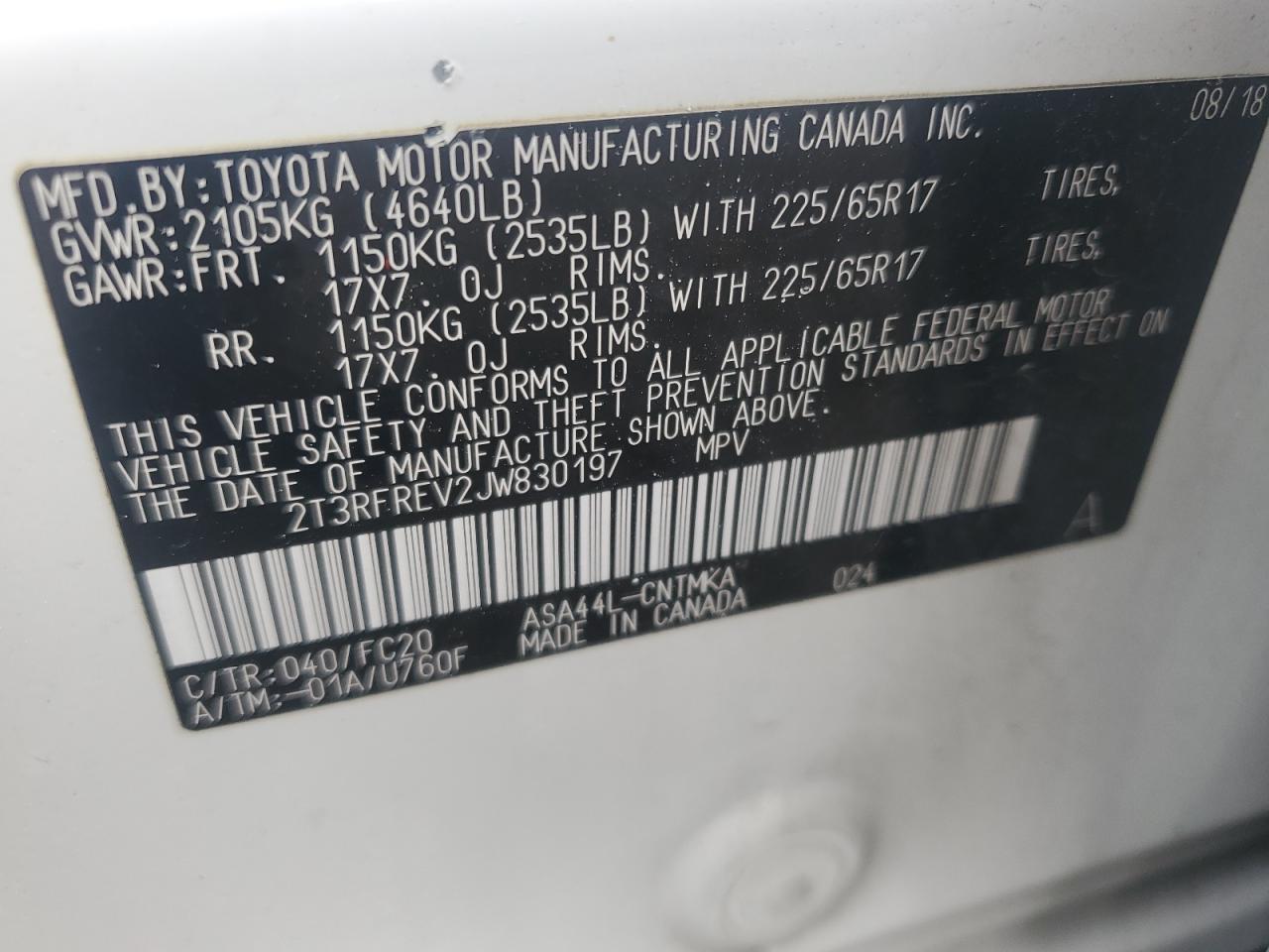 2T3RFREV2JW830197 TOYOTA RAV4 2018