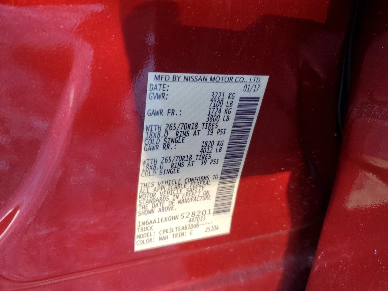 2017 Nissan Titan S VIN: 1N6AA1EK0HN528201 Lot: 66765265