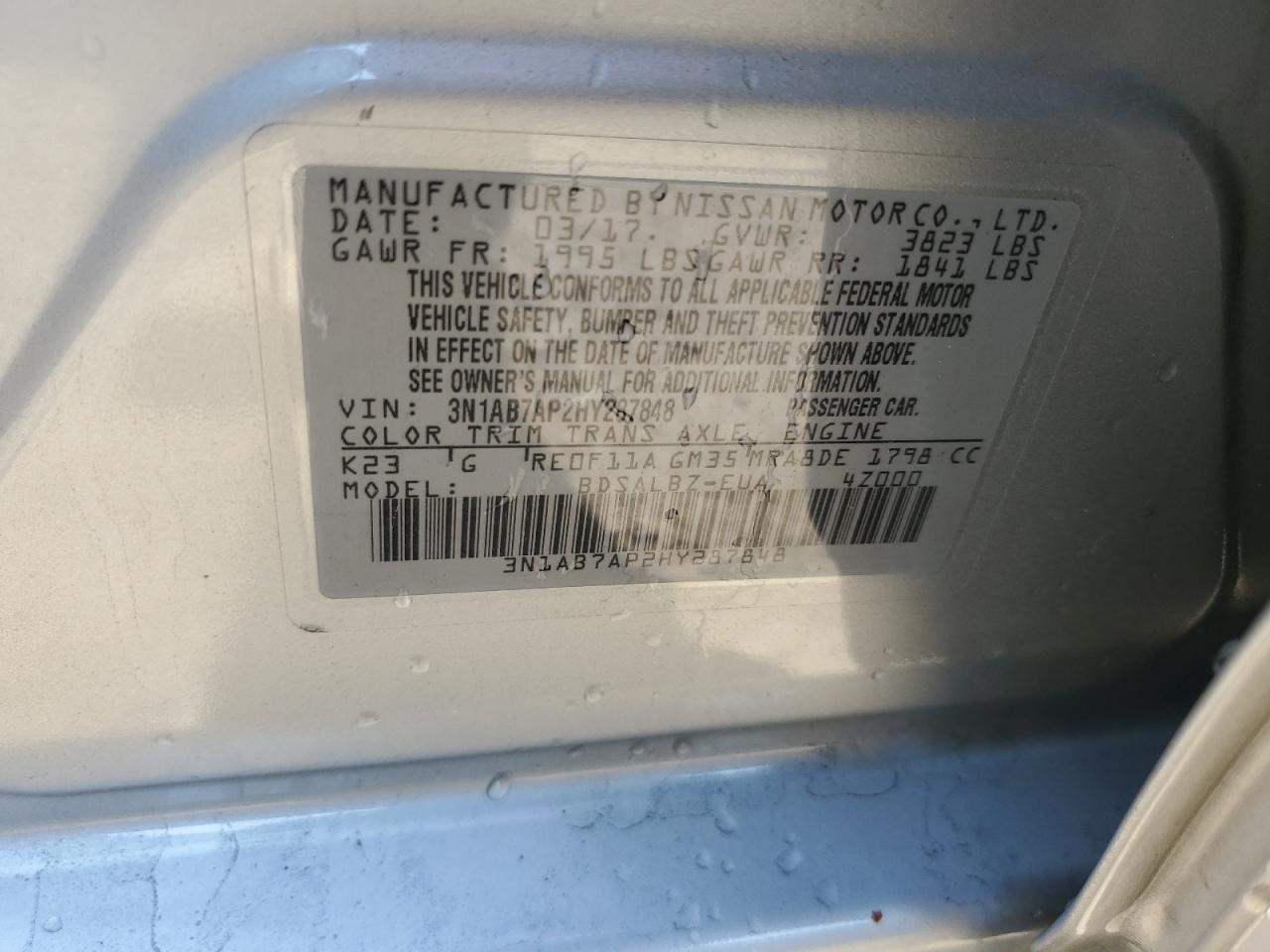 2017 Nissan Sentra S VIN: 3N1AB7AP2HY287848 Lot: 64823575