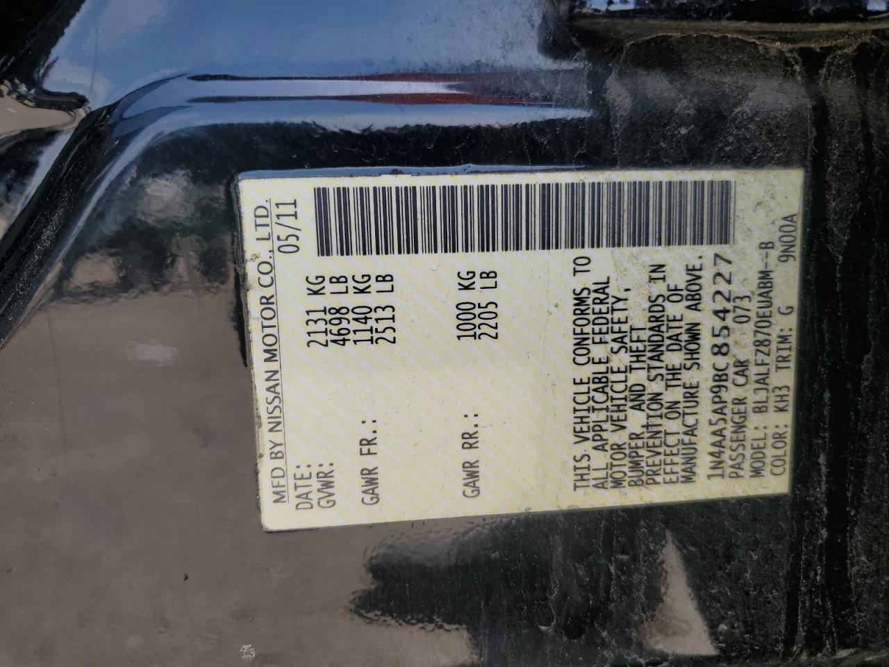 2011 Nissan Maxima S VIN: 1N4AA5AP9BC854227 Lot: 66670795