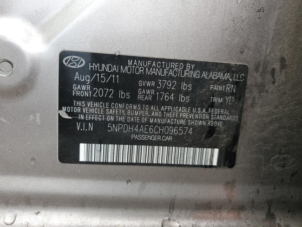 2012 Hyundai Elantra Gls VIN: 5NPDH4AE6CH096574 Lot: 63652735