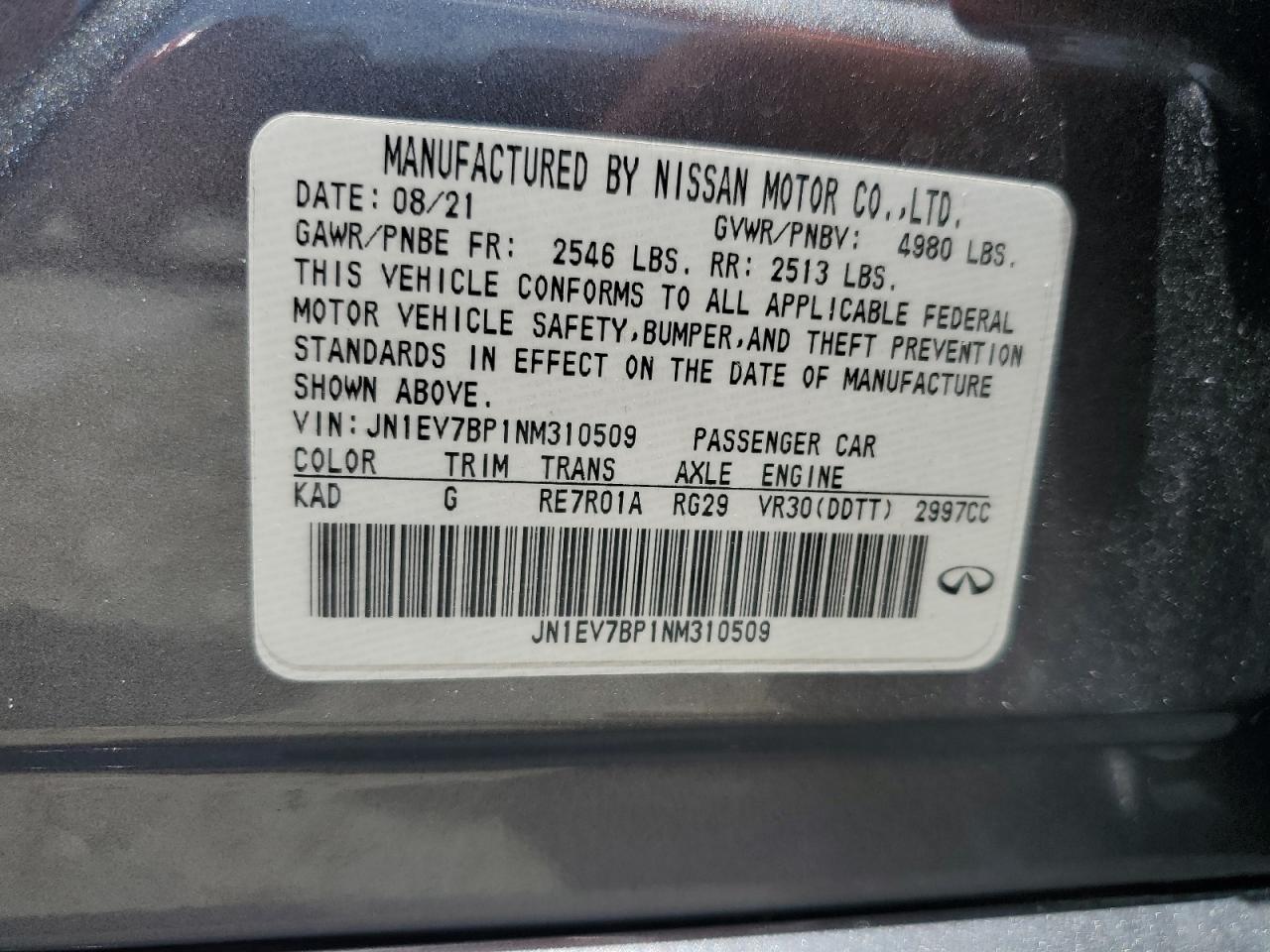 2022 Infiniti Q50 Luxe VIN: JN1EV7BP1NM310509 Lot: 70056225