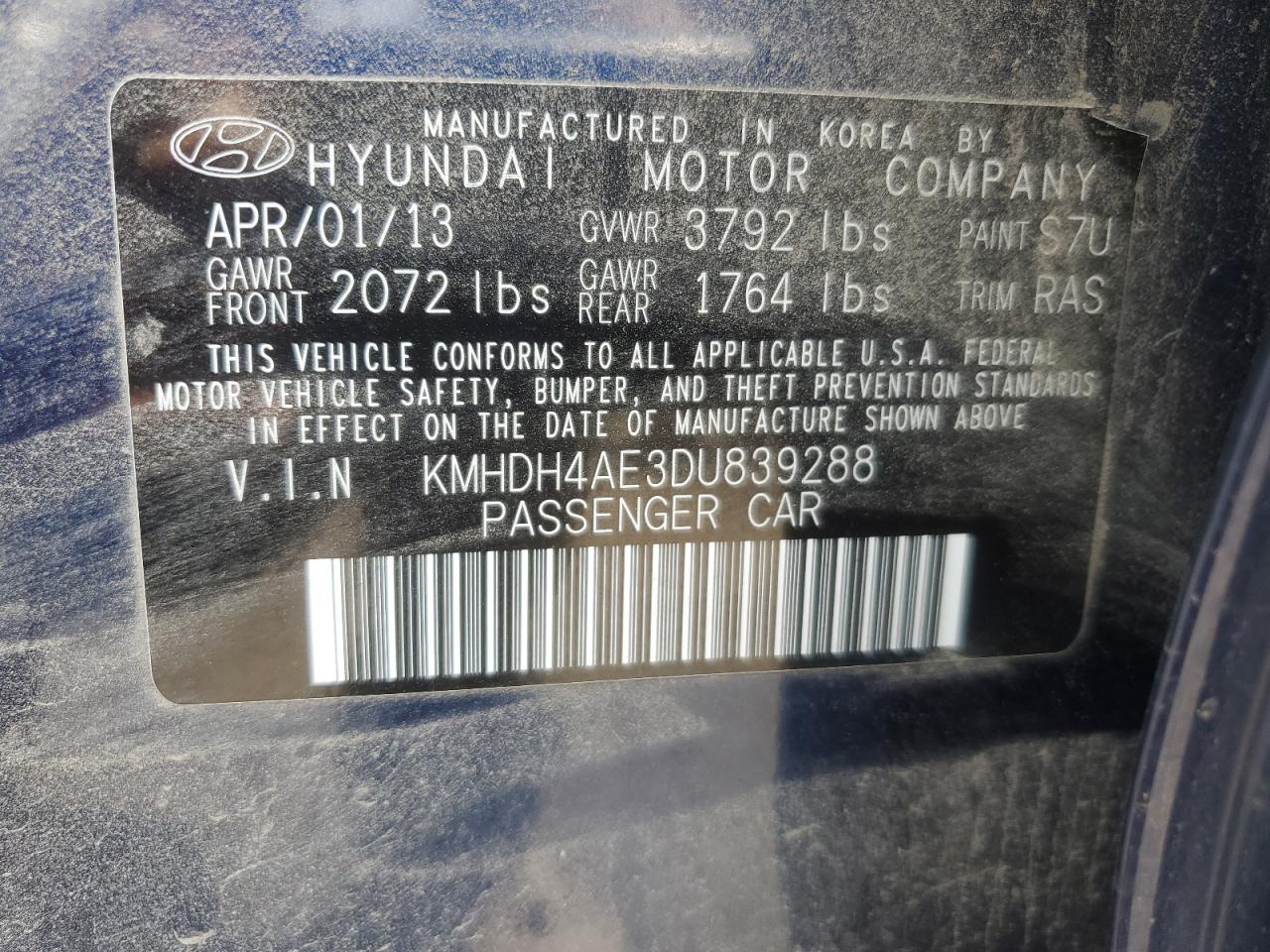 2013 Hyundai Elantra Gls VIN: KMHDH4AE3DU839288 Lot: 62812245