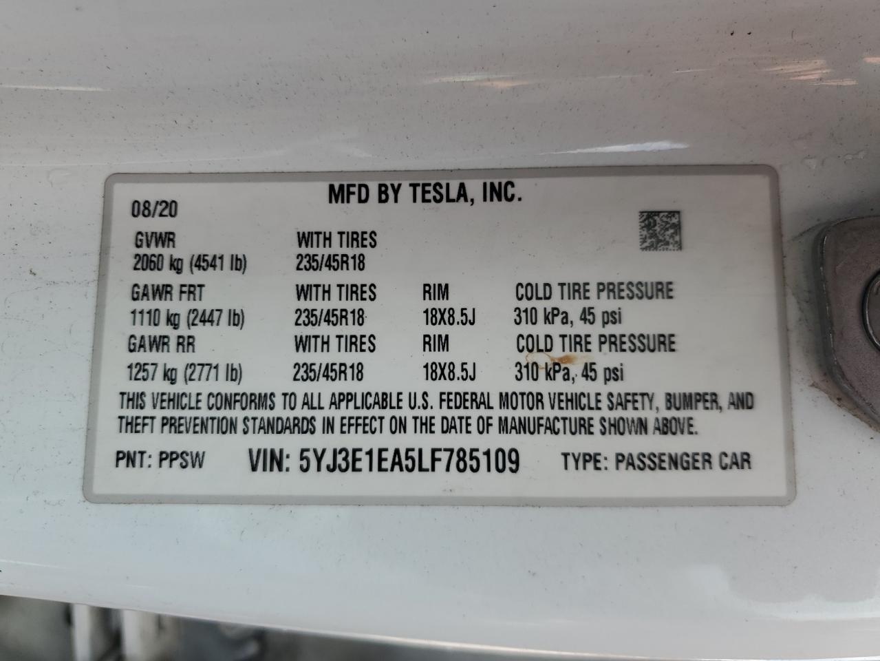 2020 Tesla Model 3 VIN: 5YJ3E1EA5LF785109 Lot: 64655345