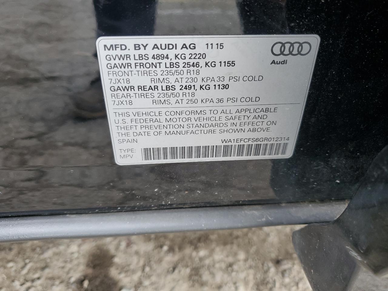 2016 Audi Q3 Premium Plus VIN: WA1EFCFS6GR012314 Lot: 65408165