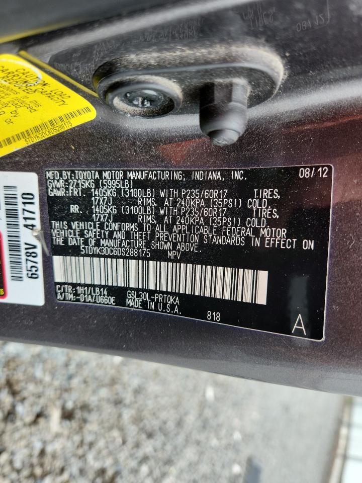 2013 Toyota Sienna Xle VIN: 5TDYK3DC6DS288175 Lot: 63793655