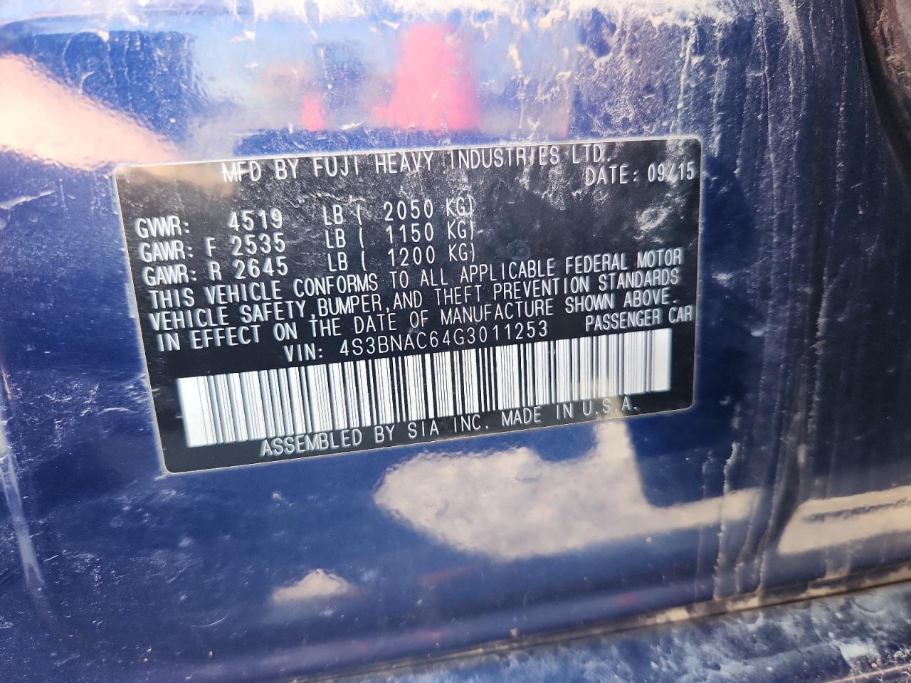 2016 Subaru Legacy 2.5I Premium VIN: 4S3BNAC64G3011253 Lot: 64199785