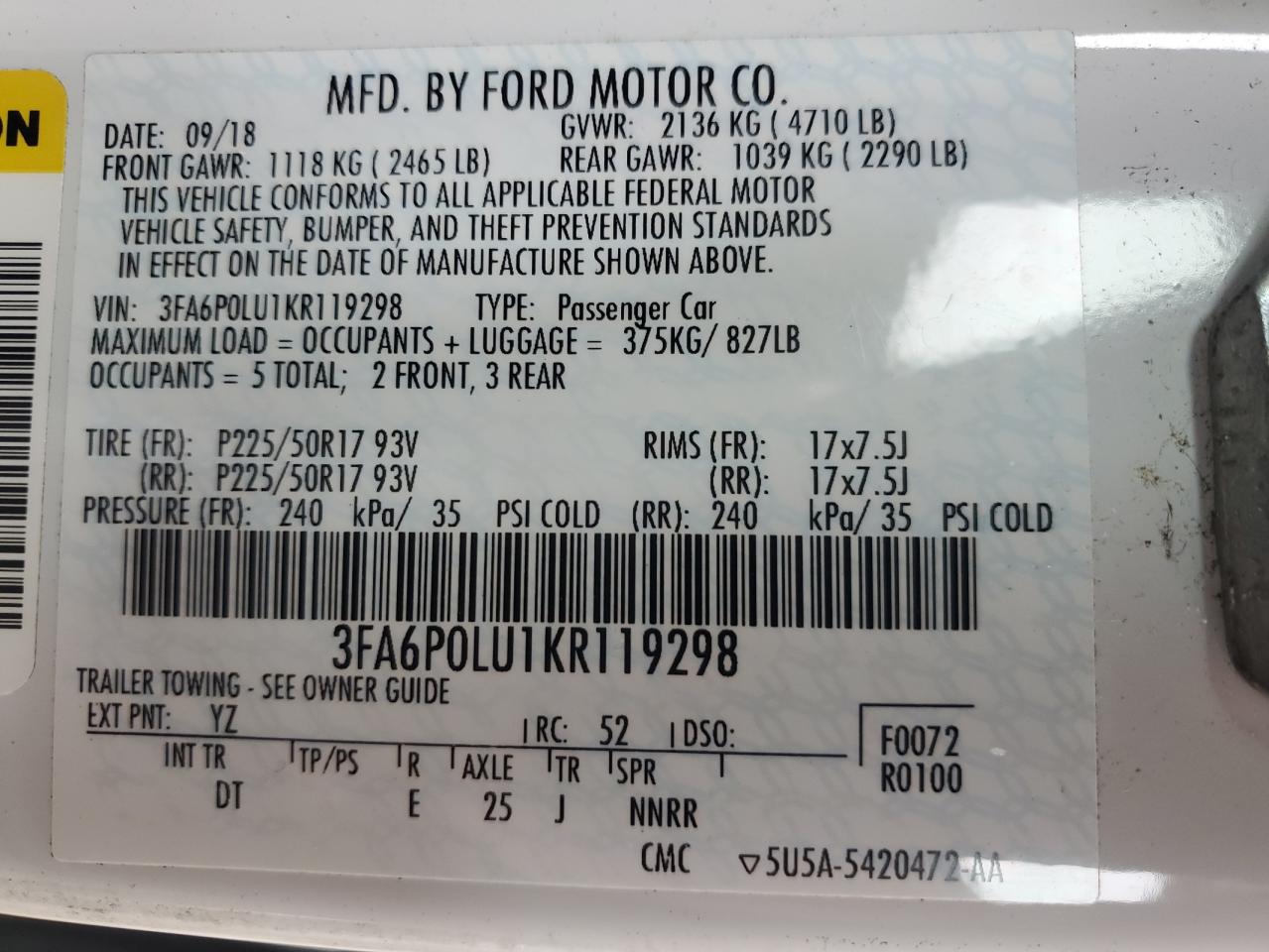 2019 Ford Fusion Se VIN: 3FA6P0LU1KR119298 Lot: 54026865