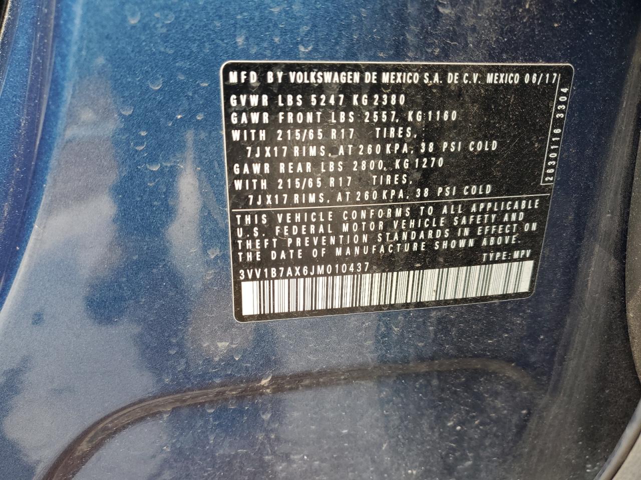 2018 Volkswagen Tiguan S VIN: 3VV1B7AX6JM010437 Lot: 65785025