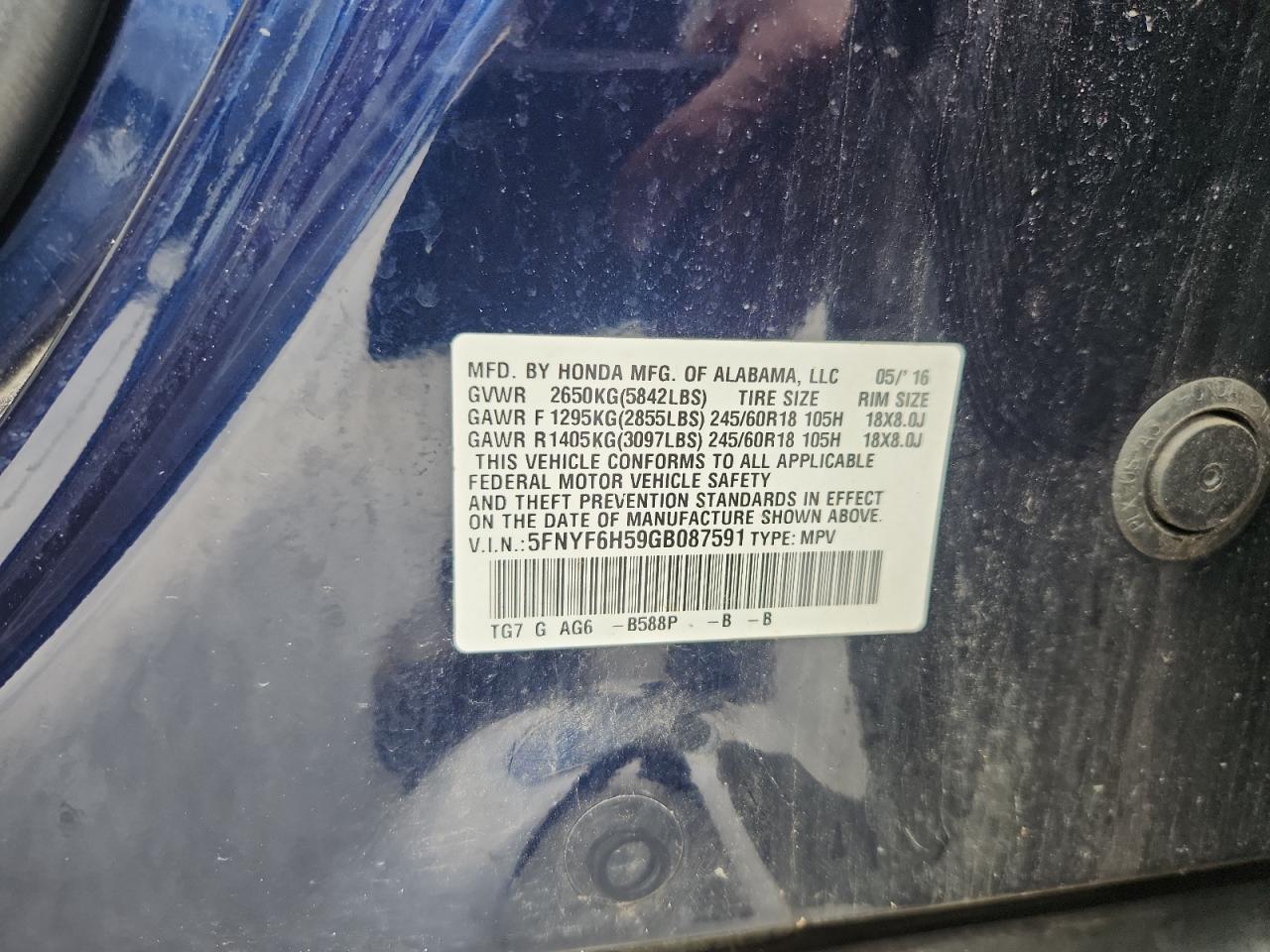 2016 Honda Pilot Exl VIN: 5FNYF6H59GB087591 Lot: 65071585