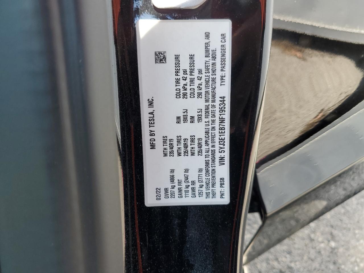 2022 Tesla Model 3 VIN: 5YJ3E1EB7NF195344 Lot: 64012115