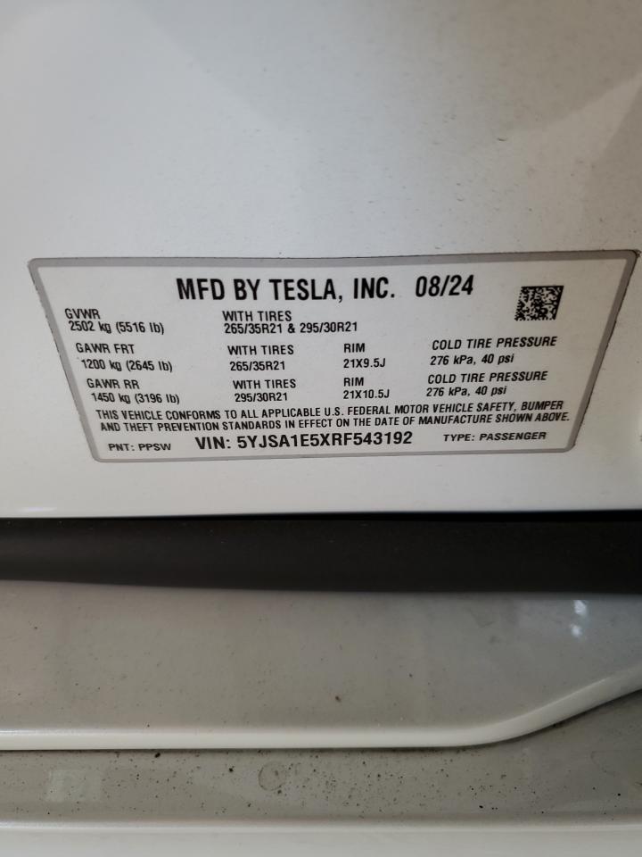 2024 Tesla Model S VIN: 5YJSA1E5XRF543192 Lot: 64685955