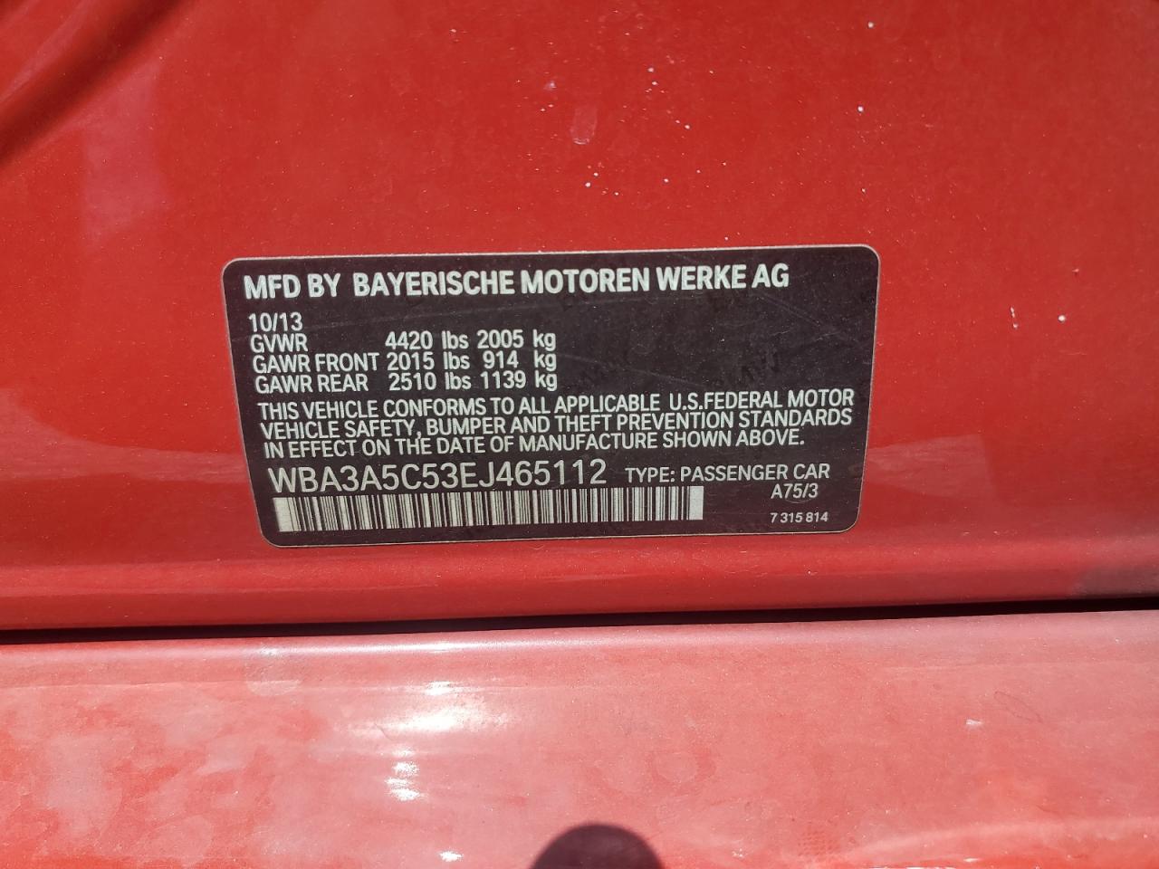 2014 BMW 328 I VIN: WBA3A5C53EJ465112 Lot: 66368185