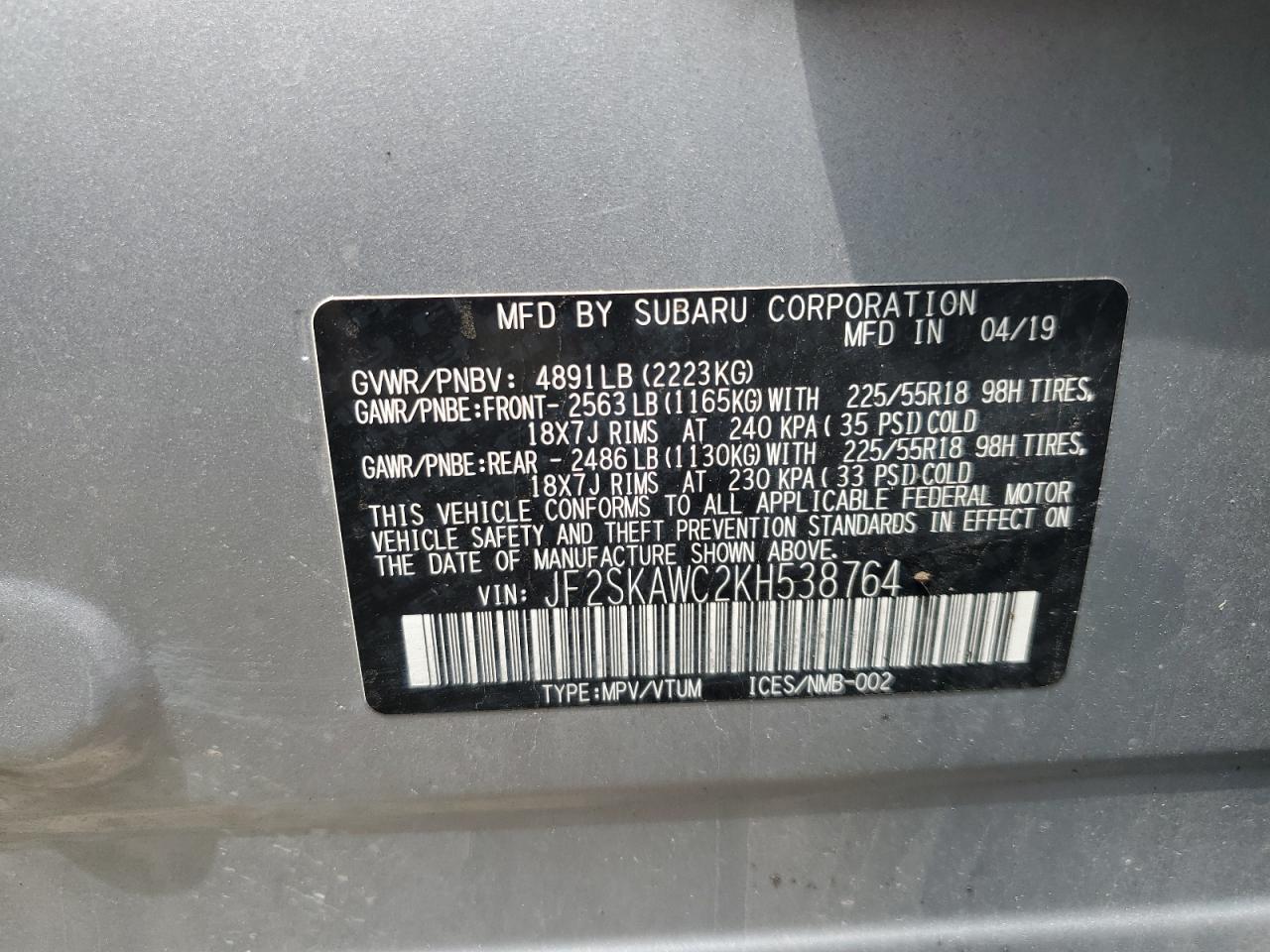 2019 Subaru Forester Touring VIN: JF2SKAWC2KH538764 Lot: 64170955