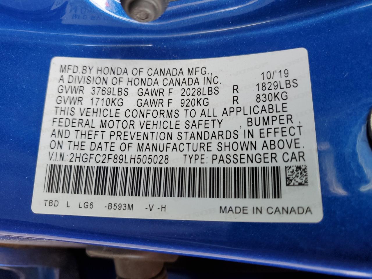 2020 Honda Civic Sport VIN: 2HGFC2F89LH505028 Lot: 63803595