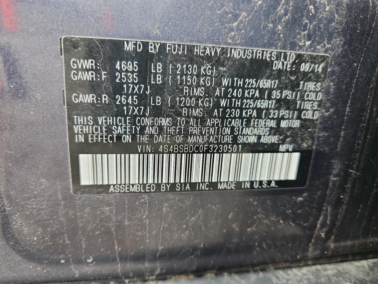 2015 Subaru Outback 2.5I Premium VIN: 4S4BSBDC0F3230501 Lot: 63943935