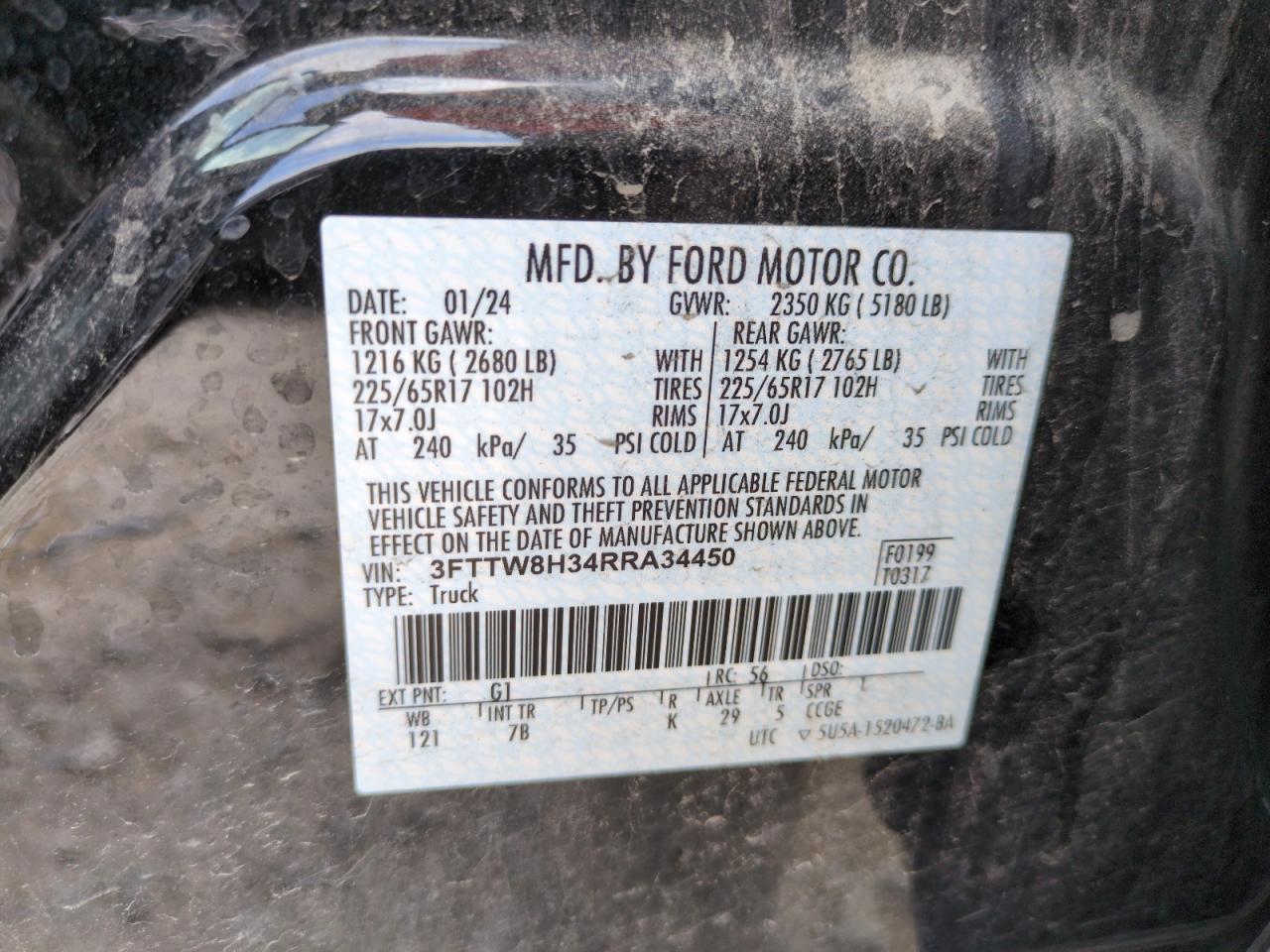 2024 Ford Maverick Xlt VIN: 3FTTW8H34RRA34450 Lot: 63073135