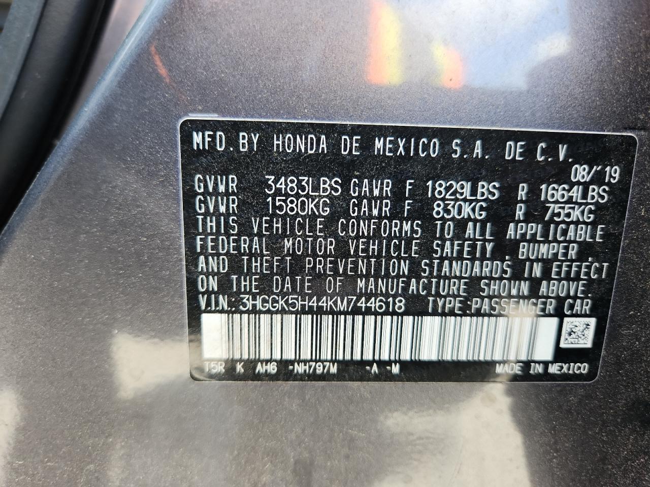 2019 Honda Fit Lx VIN: 3HGGK5H44KM744618 Lot: 64378165