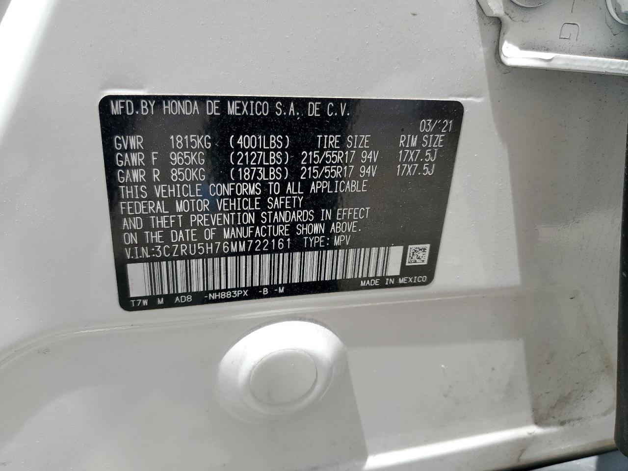 2021 Honda Hr-V Exl VIN: 3CZRU5H76MM722161 Lot: 64434945