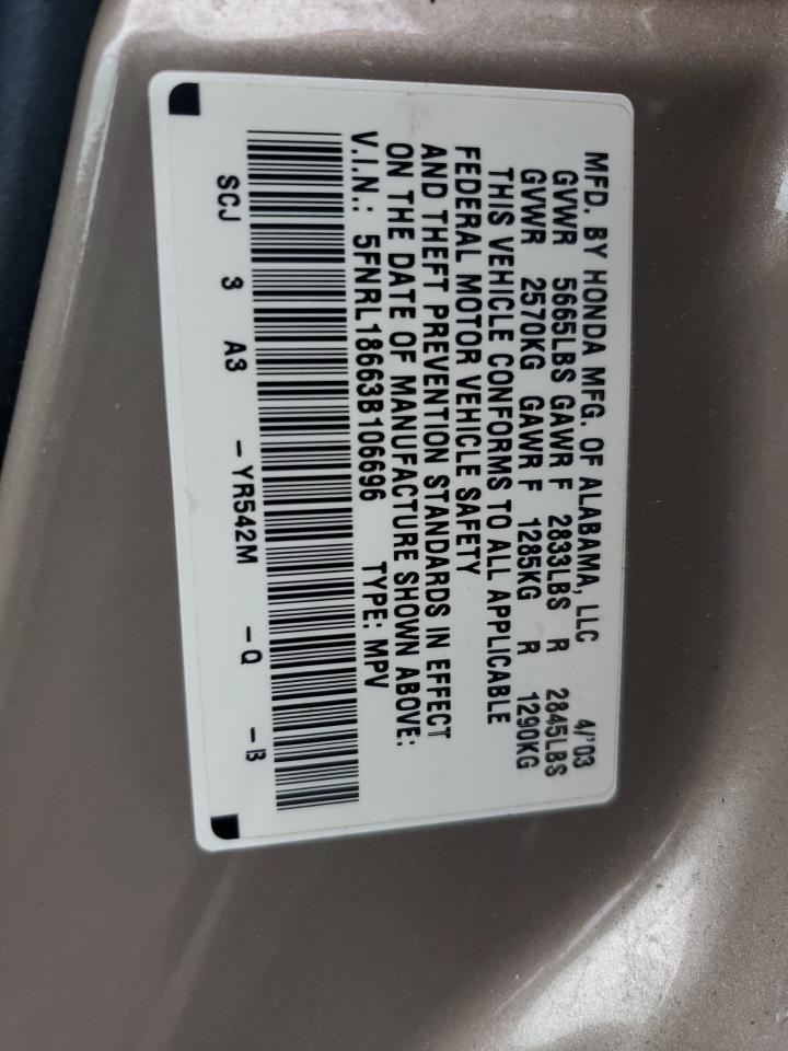 2003 Honda Odyssey Ex VIN: 5FNRL18663B106696 Lot: 62999975