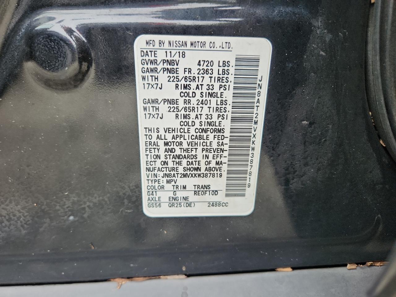 2019 Nissan Rogue S VIN: JN8AT2MVXKW387819 Lot: 65472225