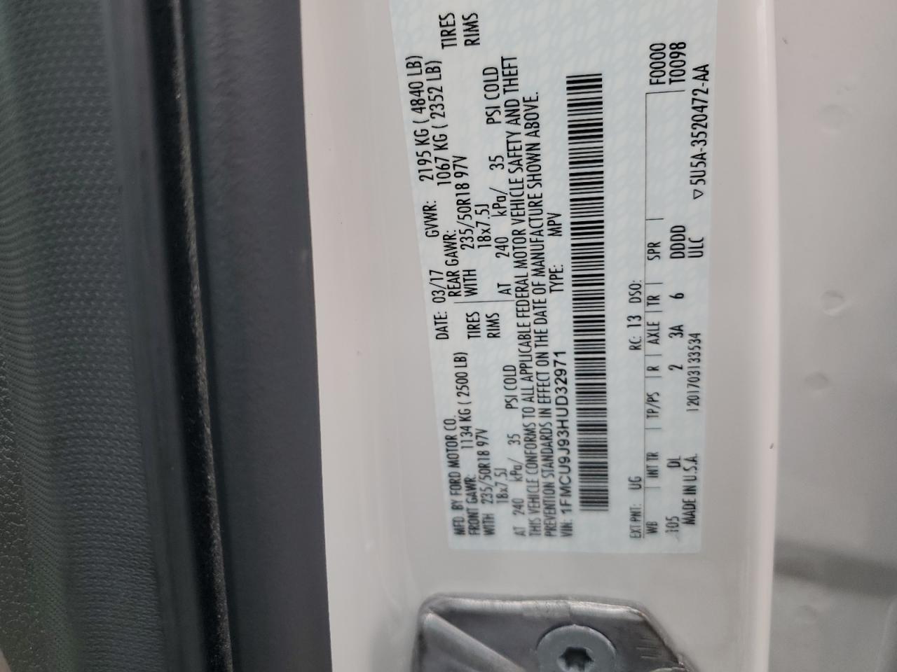2017 Ford Escape Titanium VIN: 1FMCU9J93HUD32971 Lot: 63750875