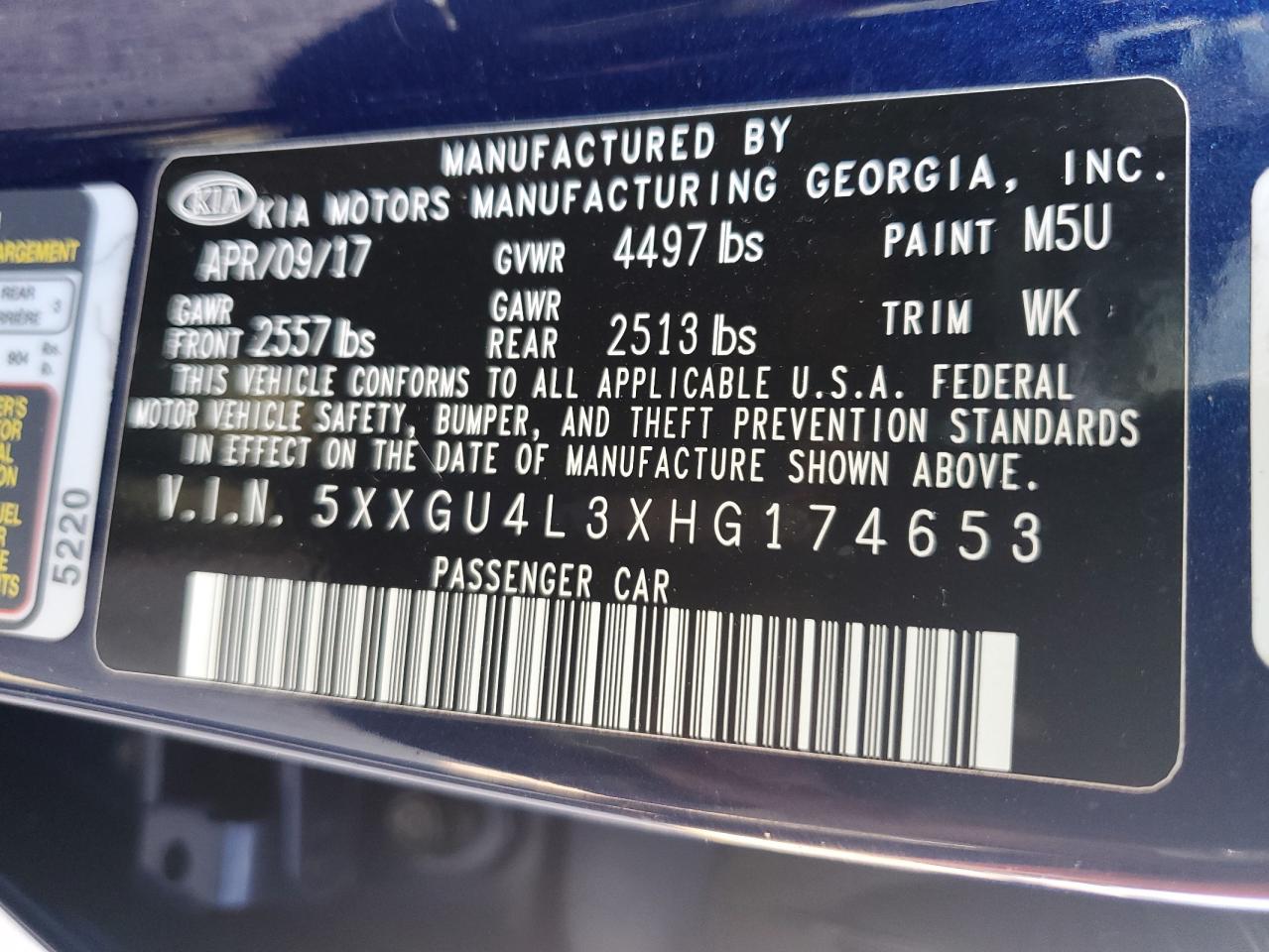 5xxgu4l3xhg174653 5XXGU4L3XHG174653 2017 Kia Optima Ex