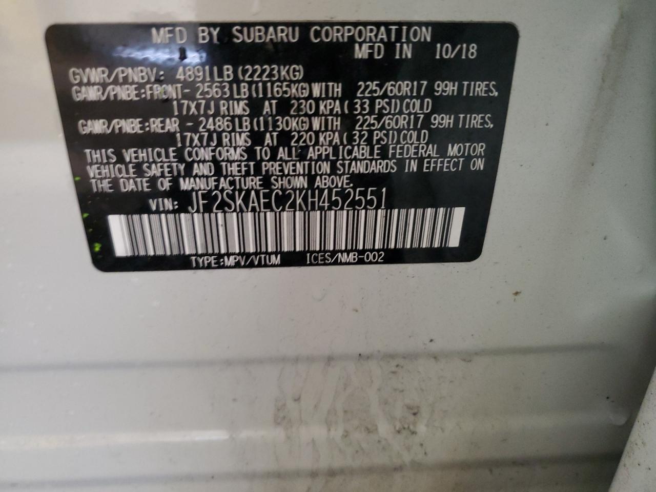 2019 Subaru Forester Premium VIN: JF2SKAEC2KH452551 Lot: 64962895