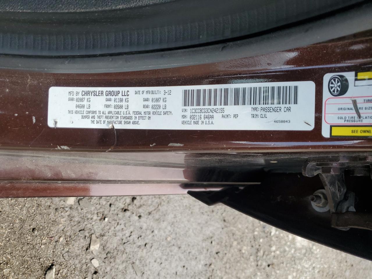 2012 Chrysler 200 Limited VIN: 1C3CCBCG3CN242155 Lot: 64470655