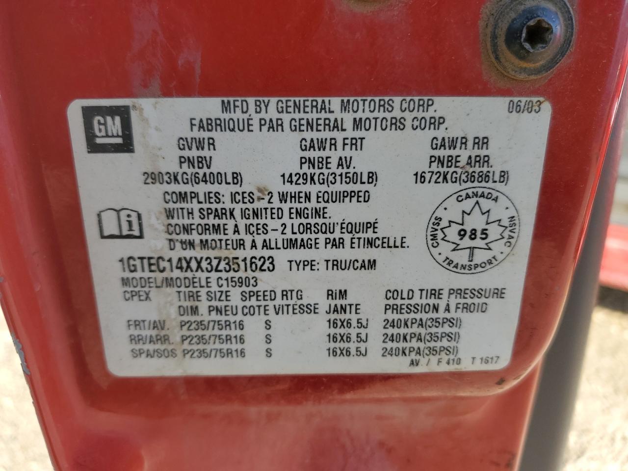 2003 GMC New Sierra C1500 VIN: 1GTEC14XX3Z351623 Lot: 66913465