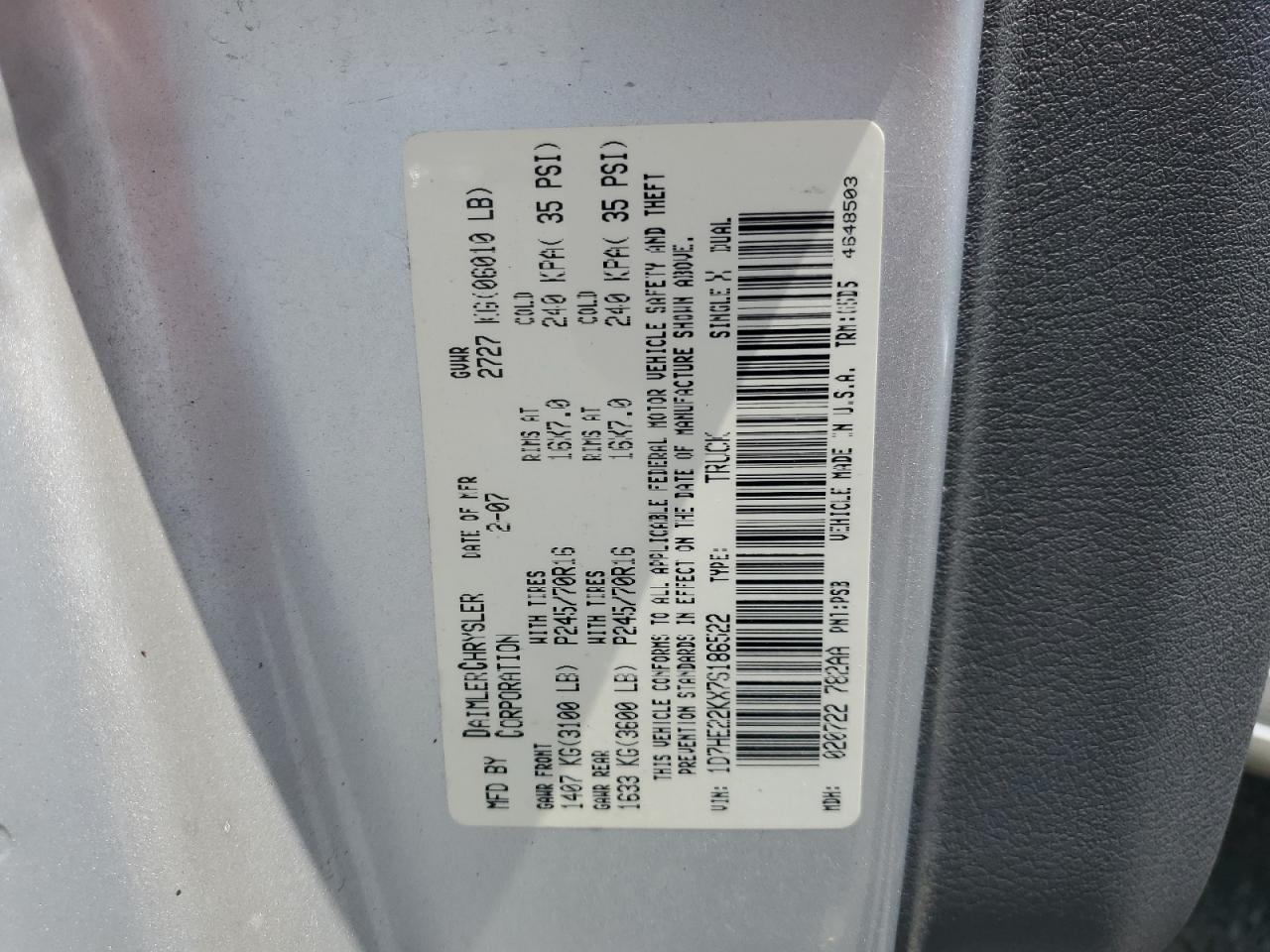 2007 Dodge Dakota St VIN: 1D7HE22KX7S186522 Lot: 63594315