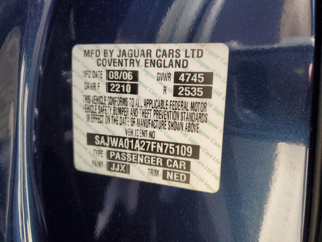 2007 Jaguar S-Type VIN: SAJWA01A27FN75109 Lot: 66937425