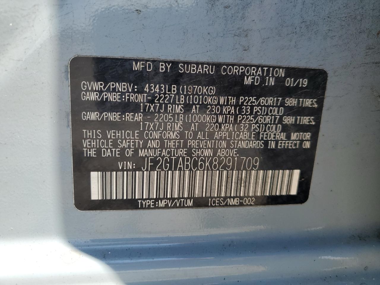 2019 Subaru Crosstrek VIN: JF2GTABC6K8291709 Lot: 63642875